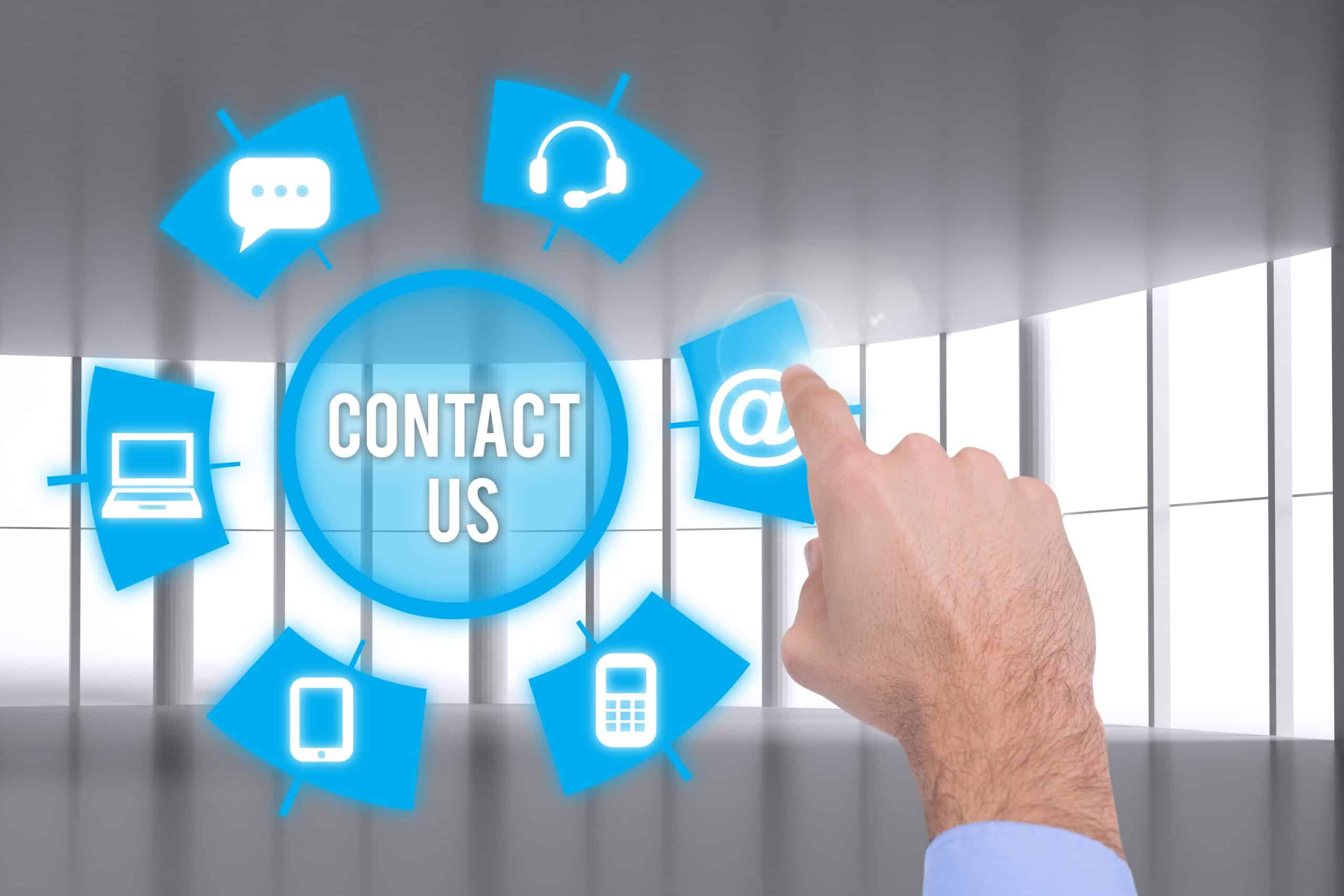Contact Us graphic with email, phone, and chat icons.